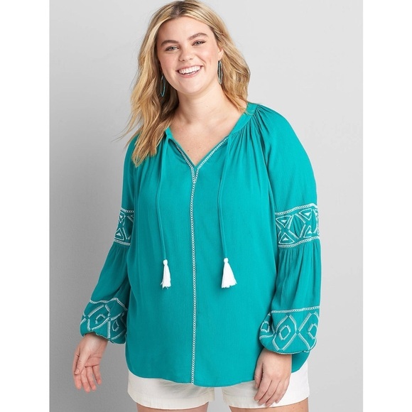 Lane Bryant 24W Boho Embroidered Peasant Top Teal Aqua Tassel Tie Plus Blouse - Picture 1 of 11